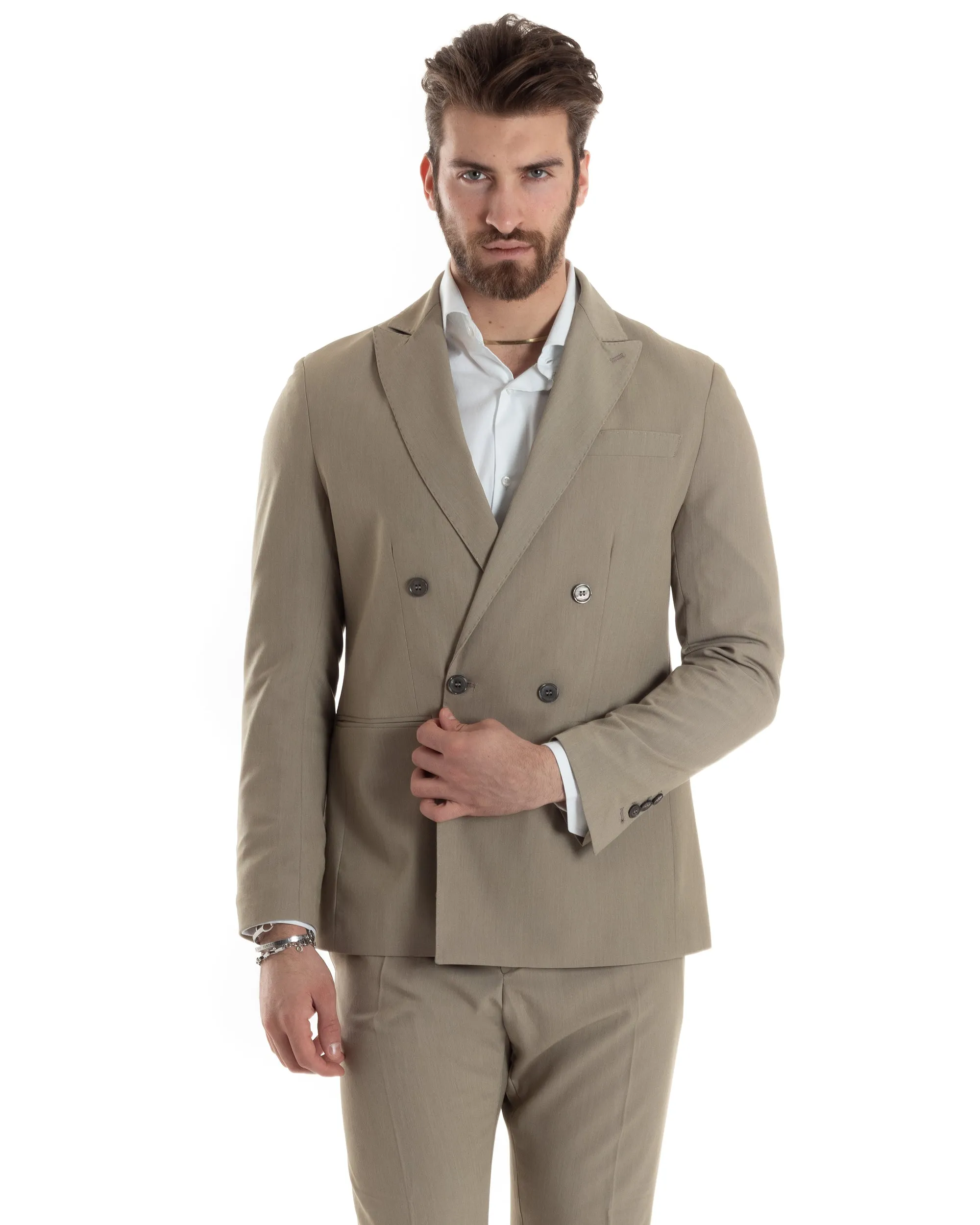 Abito Uomo Doppiopetto Vestito Completo Giacca Pantaloni Beige Tinta Unita Elegante Casual GIOSAL-AE1021A