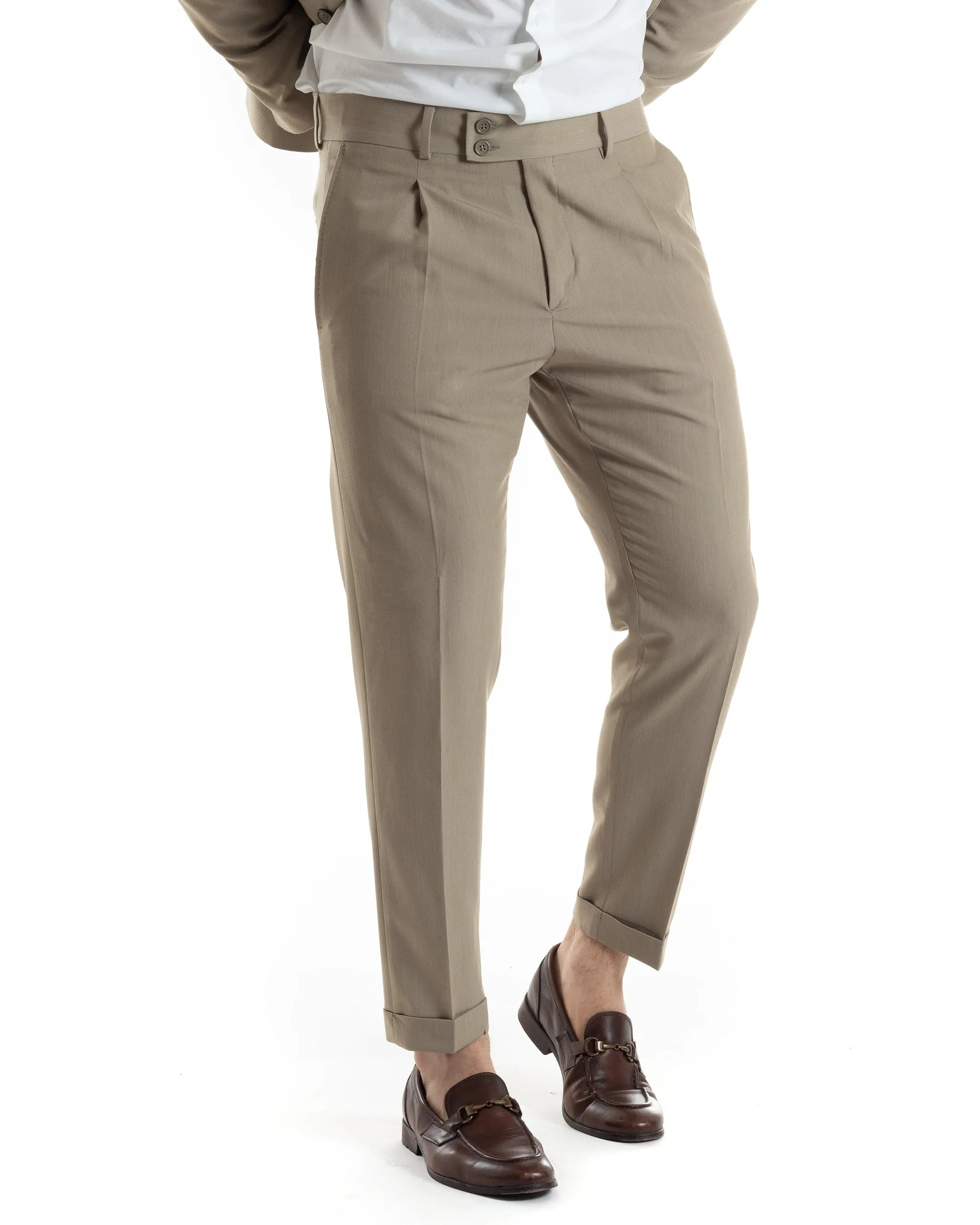 Abito Uomo Doppiopetto Vestito Completo Giacca Pantaloni Beige Tinta Unita Elegante Casual GIOSAL-AE1021A