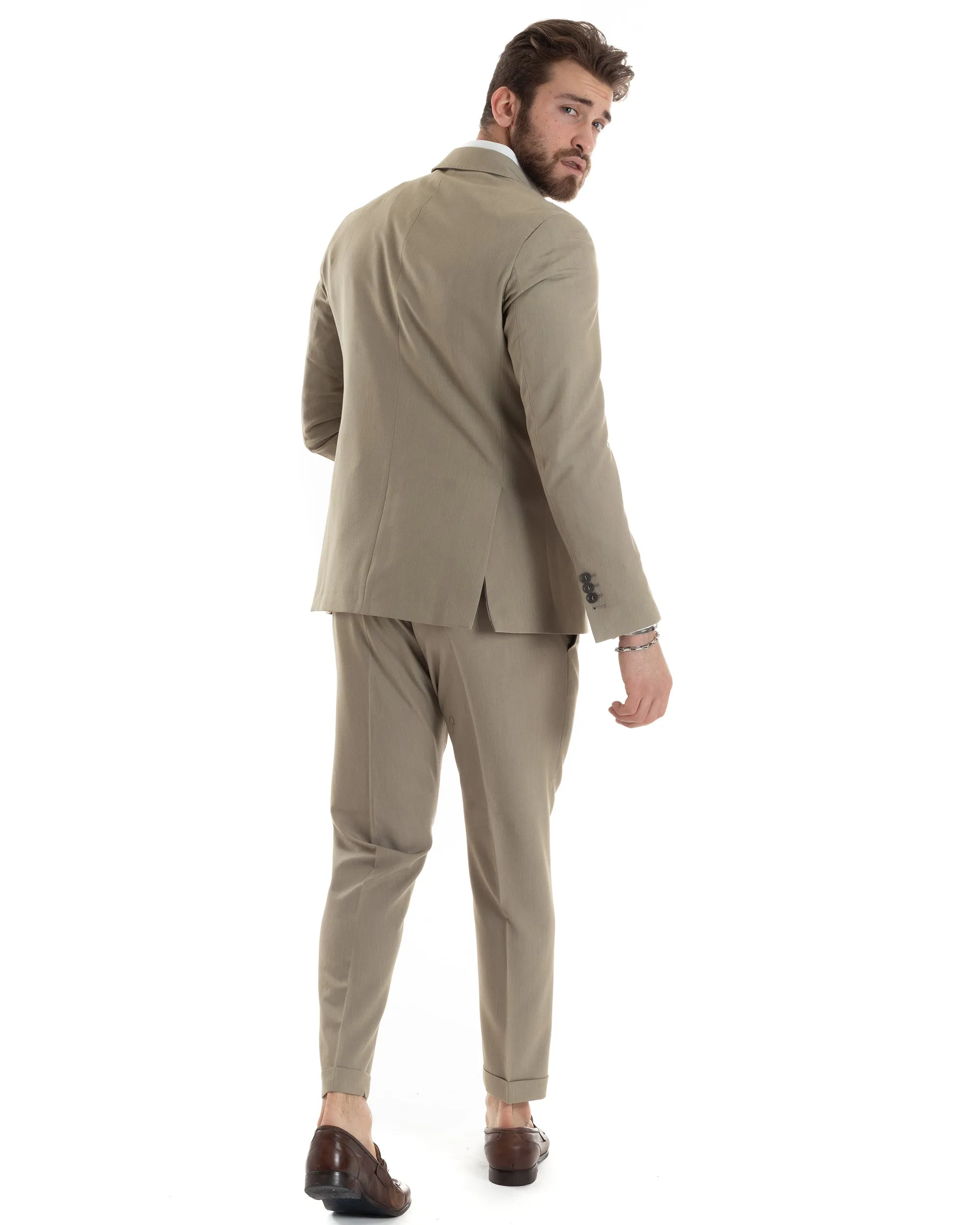 Abito Uomo Doppiopetto Vestito Completo Giacca Pantaloni Beige Tinta Unita Elegante Casual GIOSAL-AE1021A