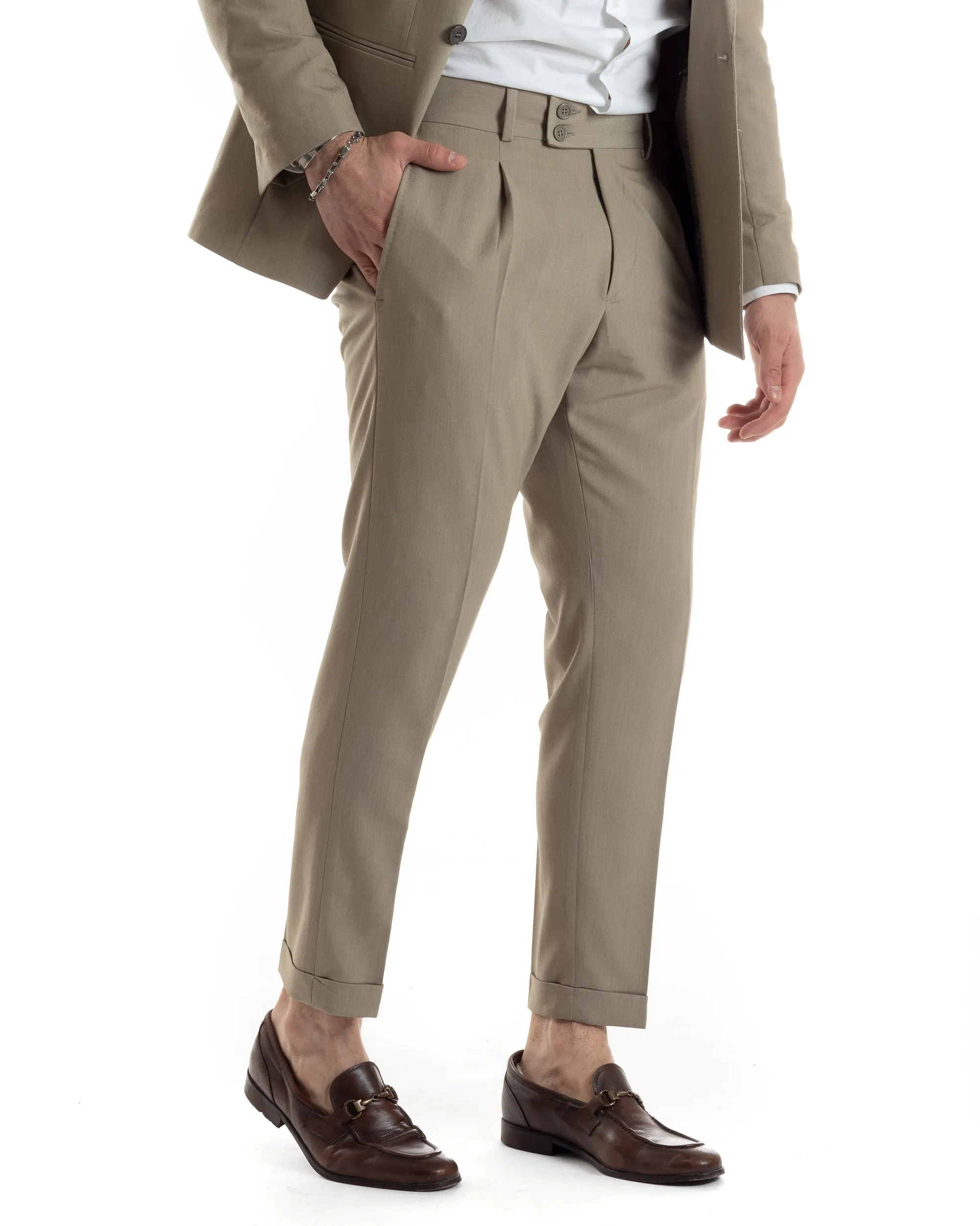 Abito Uomo Doppiopetto Vestito Completo Giacca Pantaloni Beige Tinta Unita Elegante Casual GIOSAL-AE1021A