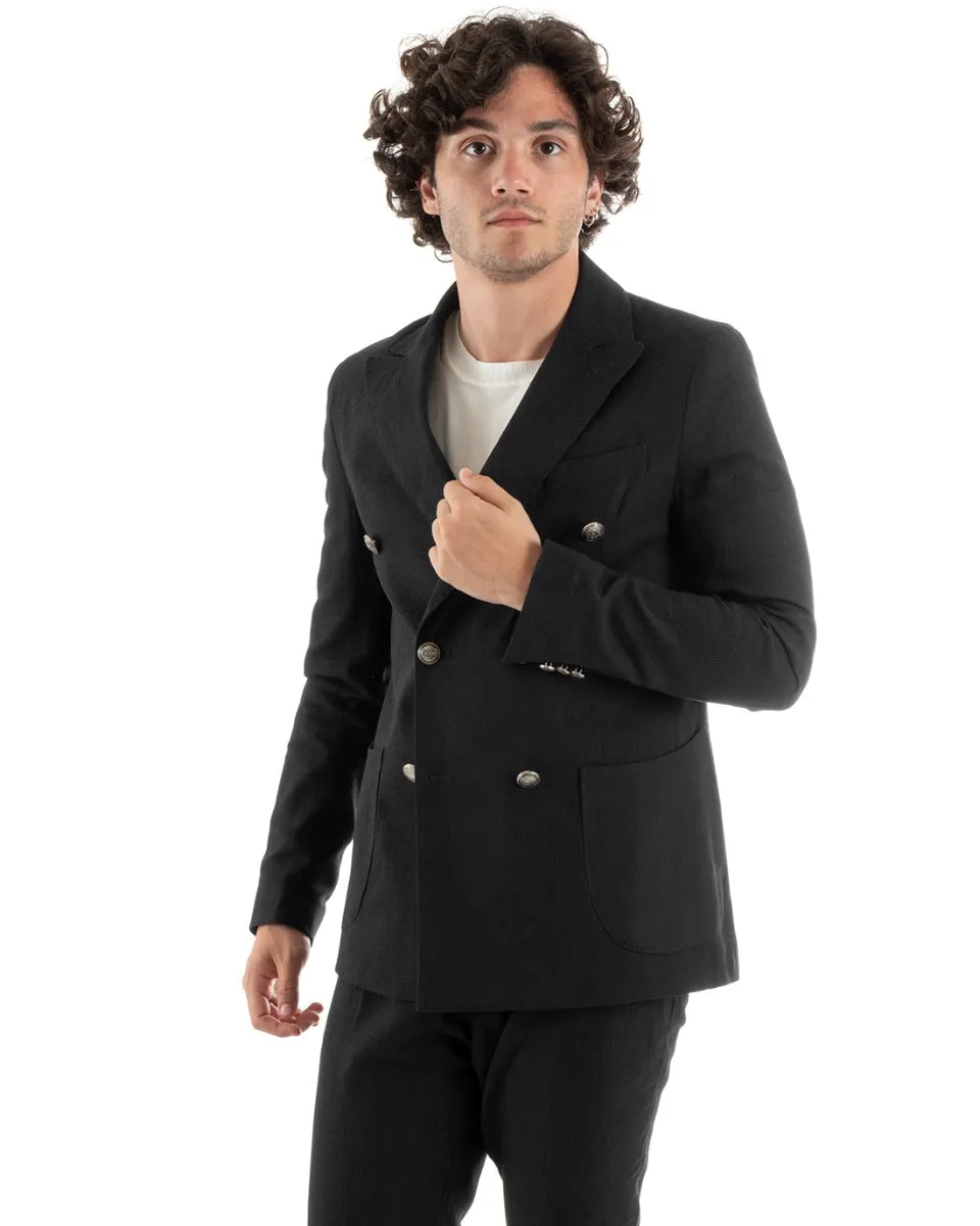 Abito Uomo Doppiopetto Vestito Lino Completo Giacca Pantaloni Nero Elegante Cerimonia GIOSAL-OU2384A