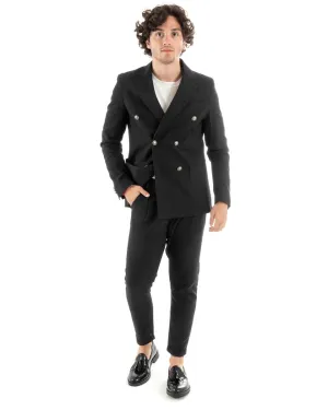 Abito Uomo Doppiopetto Vestito Lino Completo Giacca Pantaloni Nero Elegante Cerimonia GIOSAL-OU2384A