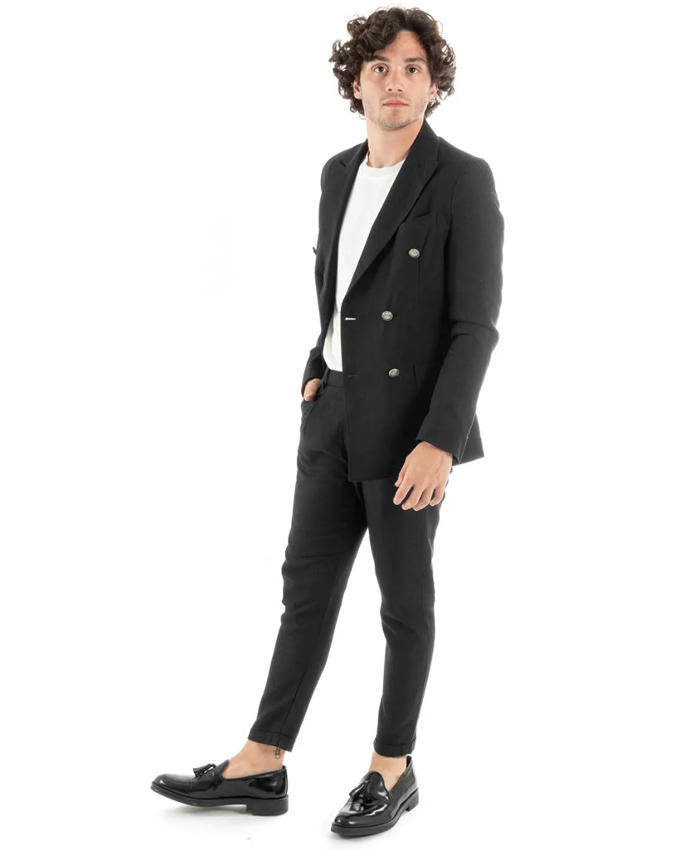 Abito Uomo Doppiopetto Vestito Lino Completo Giacca Pantaloni Nero Elegante Cerimonia GIOSAL-OU2384A