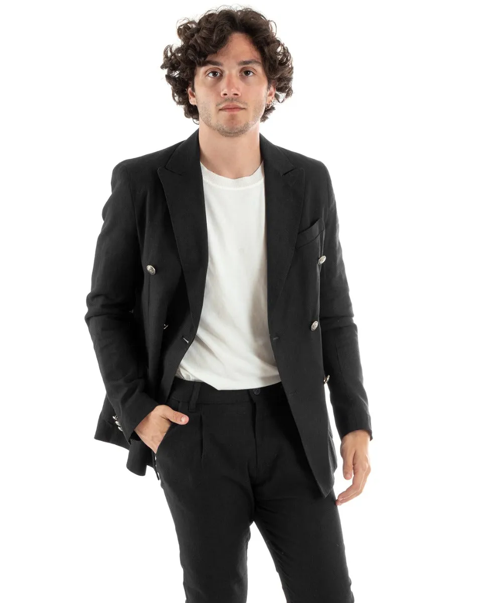 Abito Uomo Doppiopetto Vestito Lino Completo Giacca Pantaloni Nero Elegante Cerimonia GIOSAL-OU2384A