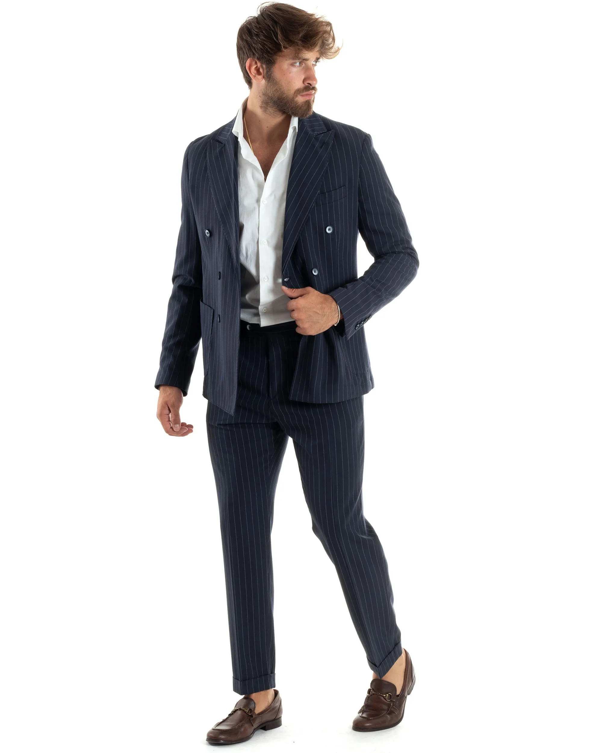 Abito Vestito Uomo Doppiopetto Completo Giacca Pantaloni Blu Rigato Gessato Elegante Casual GIOSAL-AE1058A