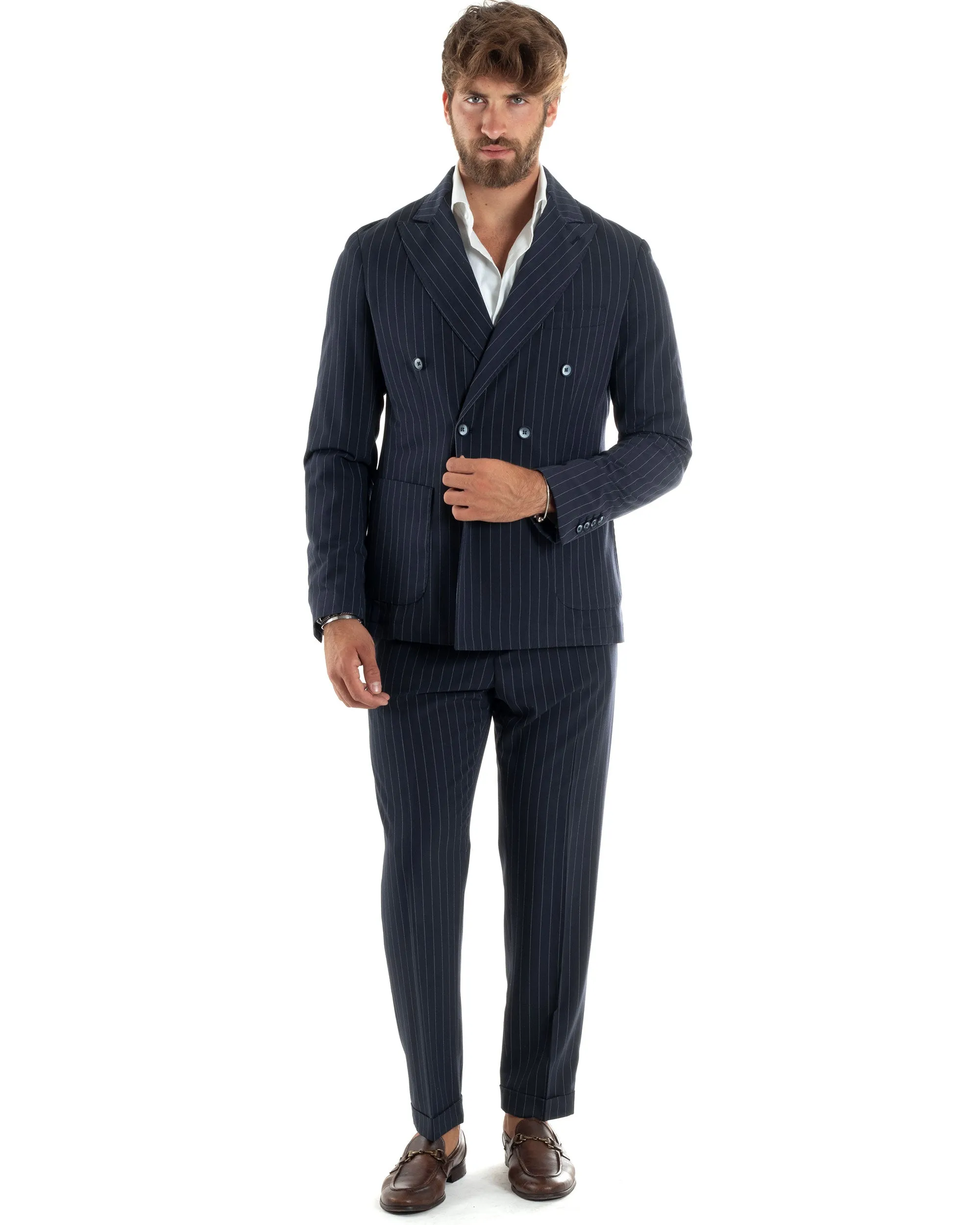 Abito Vestito Uomo Doppiopetto Completo Giacca Pantaloni Blu Rigato Gessato Elegante Casual GIOSAL-AE1058A