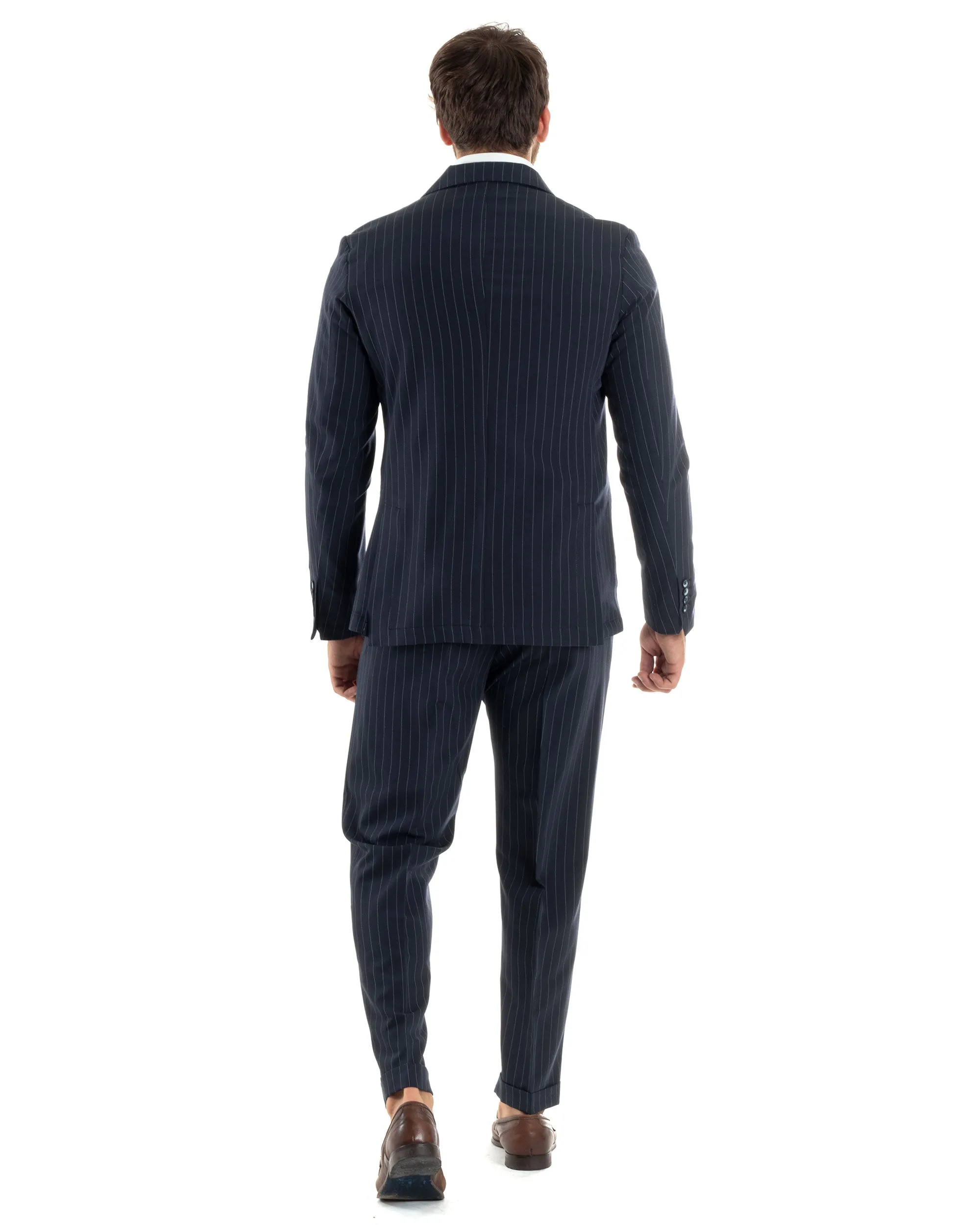 Abito Vestito Uomo Doppiopetto Completo Giacca Pantaloni Blu Rigato Gessato Elegante Casual GIOSAL-AE1058A