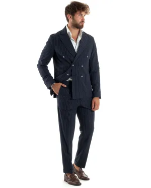 Abito Vestito Uomo Doppiopetto Completo Giacca Pantaloni Blu Rigato Gessato Elegante Casual GIOSAL-AE1058A