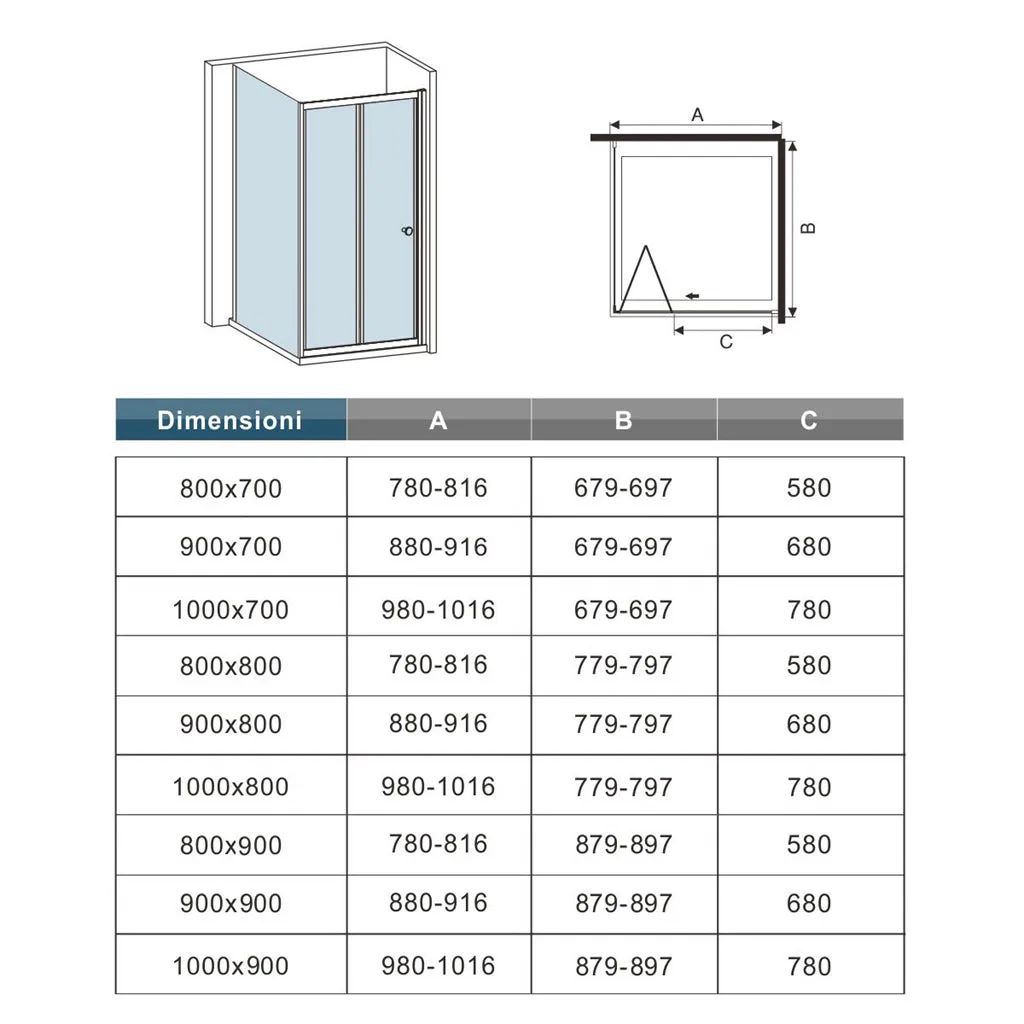 Aica 185 cm Box Docica Angolare Porta Scorrevole a Soffietto Vetro Temperato Trasparente Telaio Cromo Lucido varie dimensioni