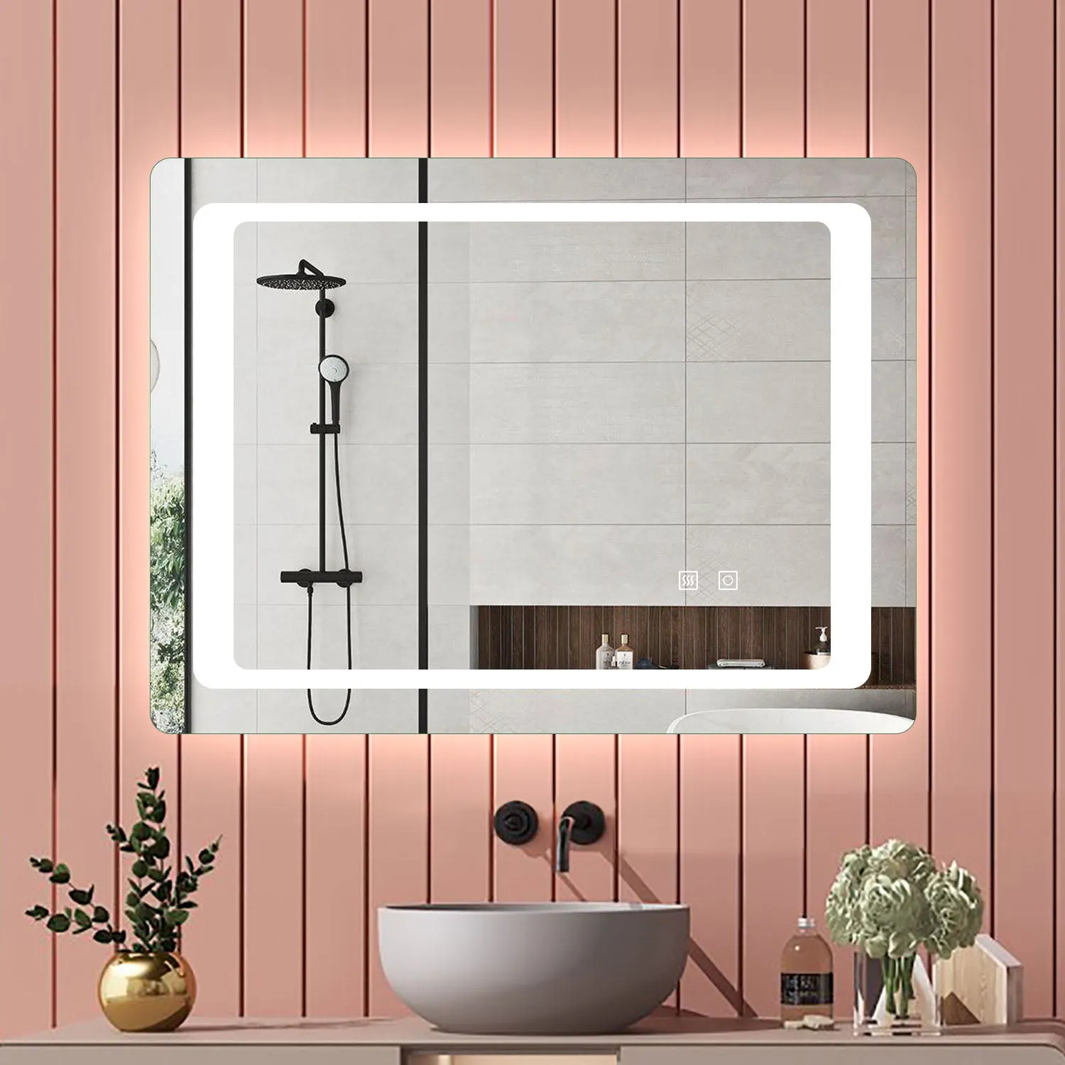 Aica 90×65cm Specchio da Bagno LED Quadrato, Anti Nebbia, Doppio Controllo Intelligente