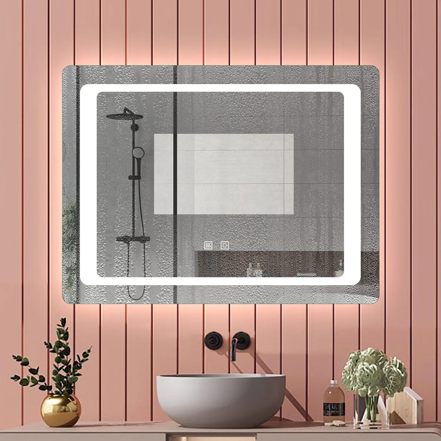 Aica 90×65cm Specchio da Bagno LED Quadrato, Anti Nebbia, Doppio Controllo Intelligente