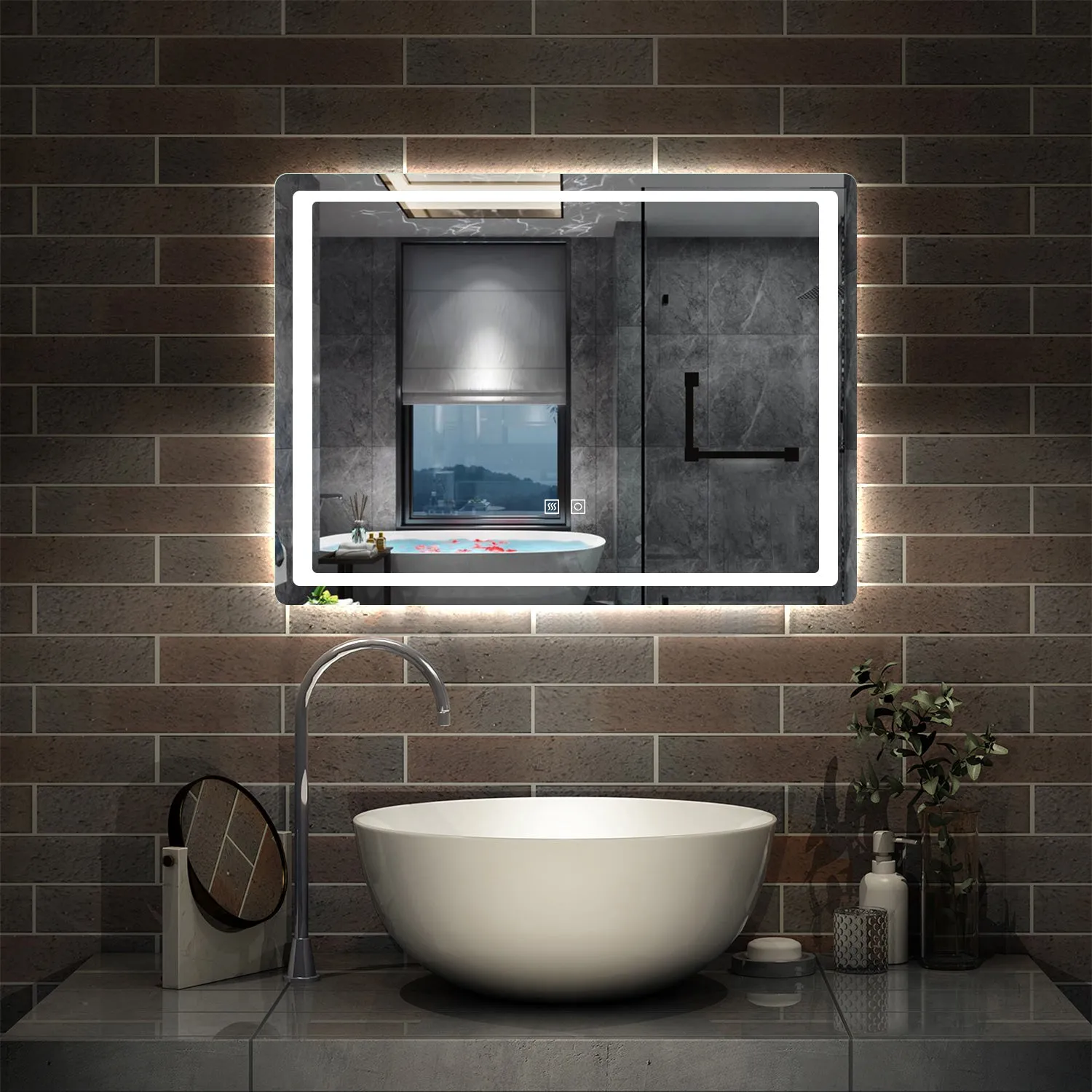 Aica 90×65cm Specchio da Bagno LED Quadrato, Anti Nebbia, Doppio Controllo Intelligente