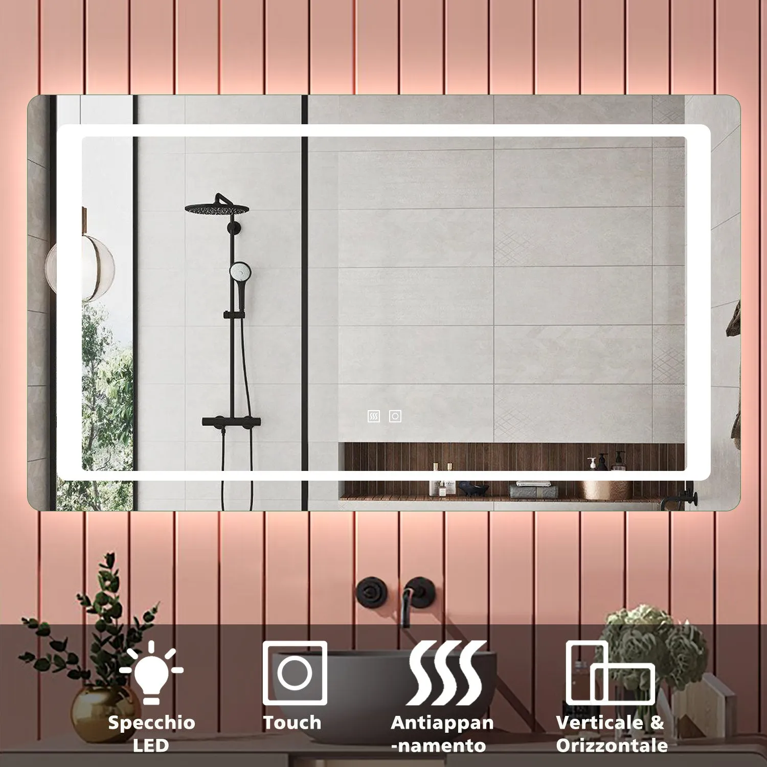 Aica 90×65cm Specchio da Bagno LED Quadrato, Anti Nebbia, Doppio Controllo Intelligente