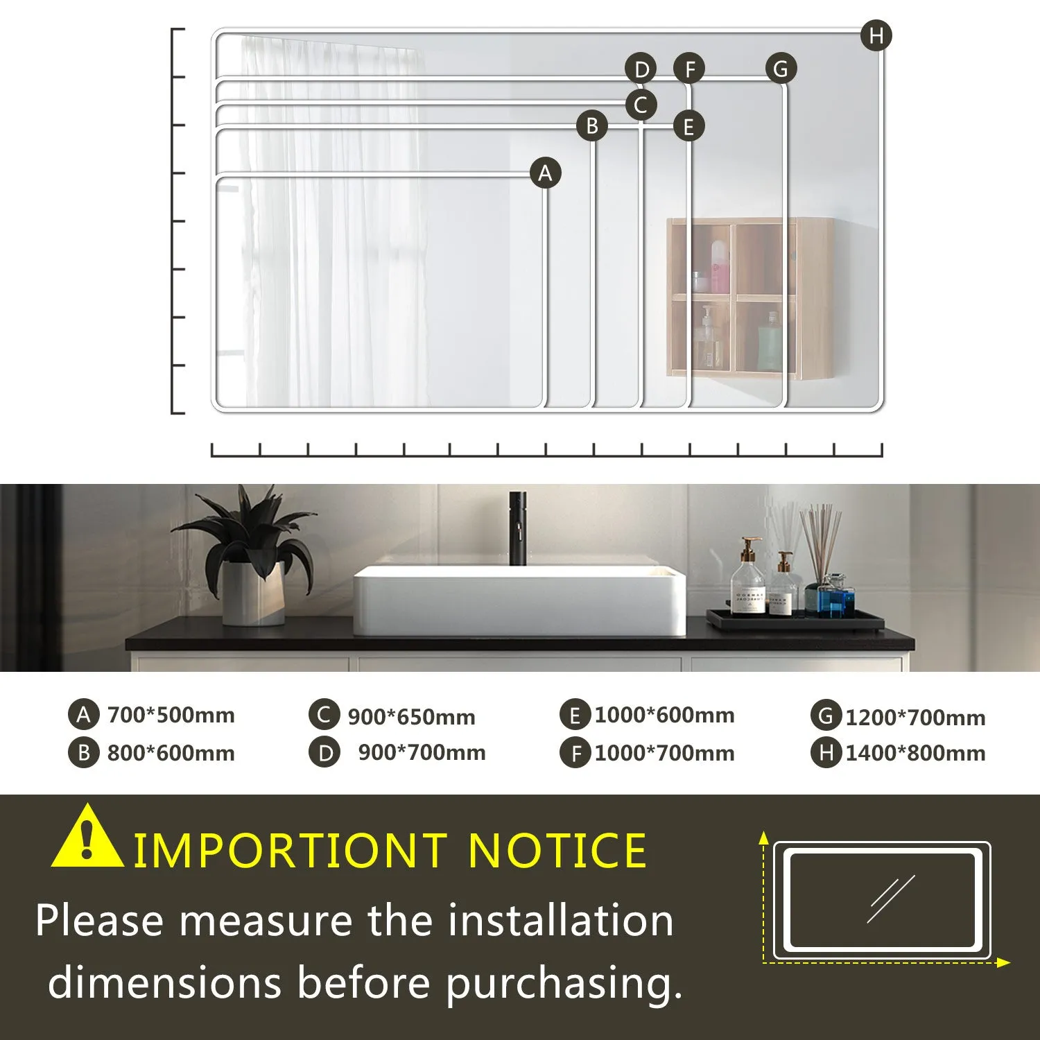 Aica 90×65cm Specchio da Bagno LED Quadrato, Anti Nebbia, Doppio Controllo Intelligente