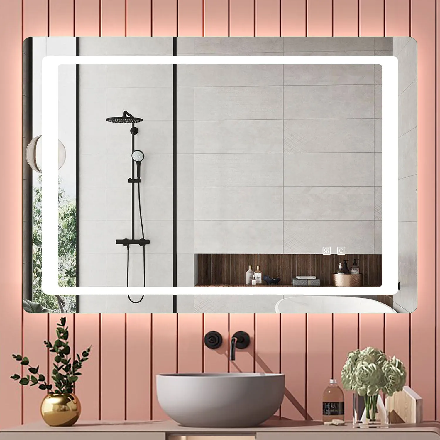 Aica 90×65cm Specchio da Bagno LED Quadrato, Anti Nebbia, Doppio Controllo Intelligente