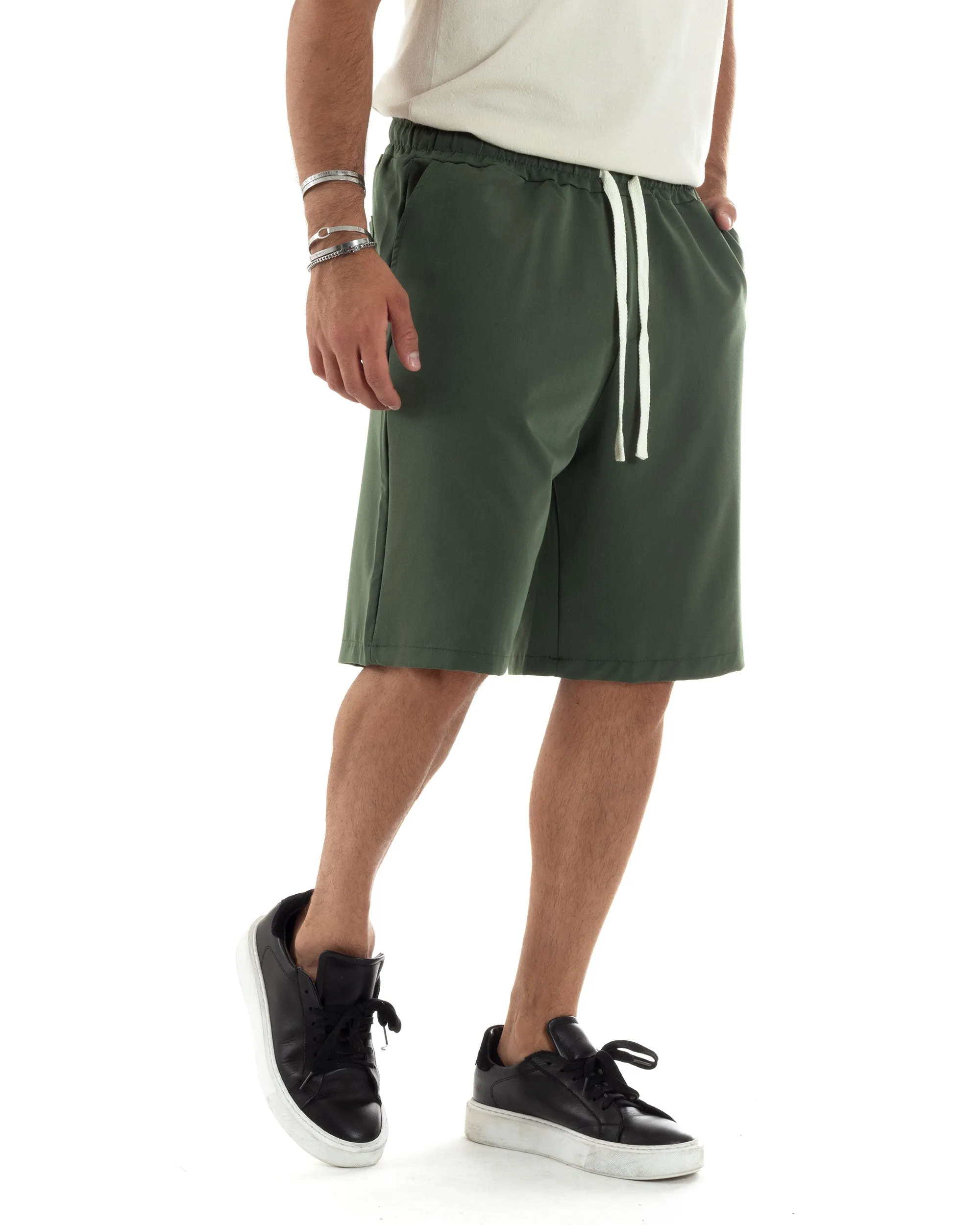 Bermuda Uomo Viscosa Pantalaccio Corto Jogger Con Laccio Wide Leg Oversize Comodo Basic Tinta Unita Verde GIOSAL-PC1971A