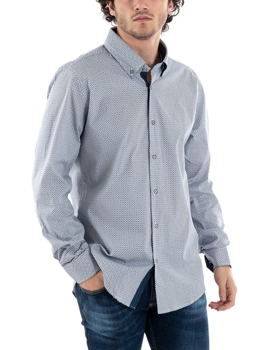 Camicia Uomo Con Colletto Manica Lunga Slim Fit Casual Cotone Fantasia Pois Blu GIOSAL-C1181A