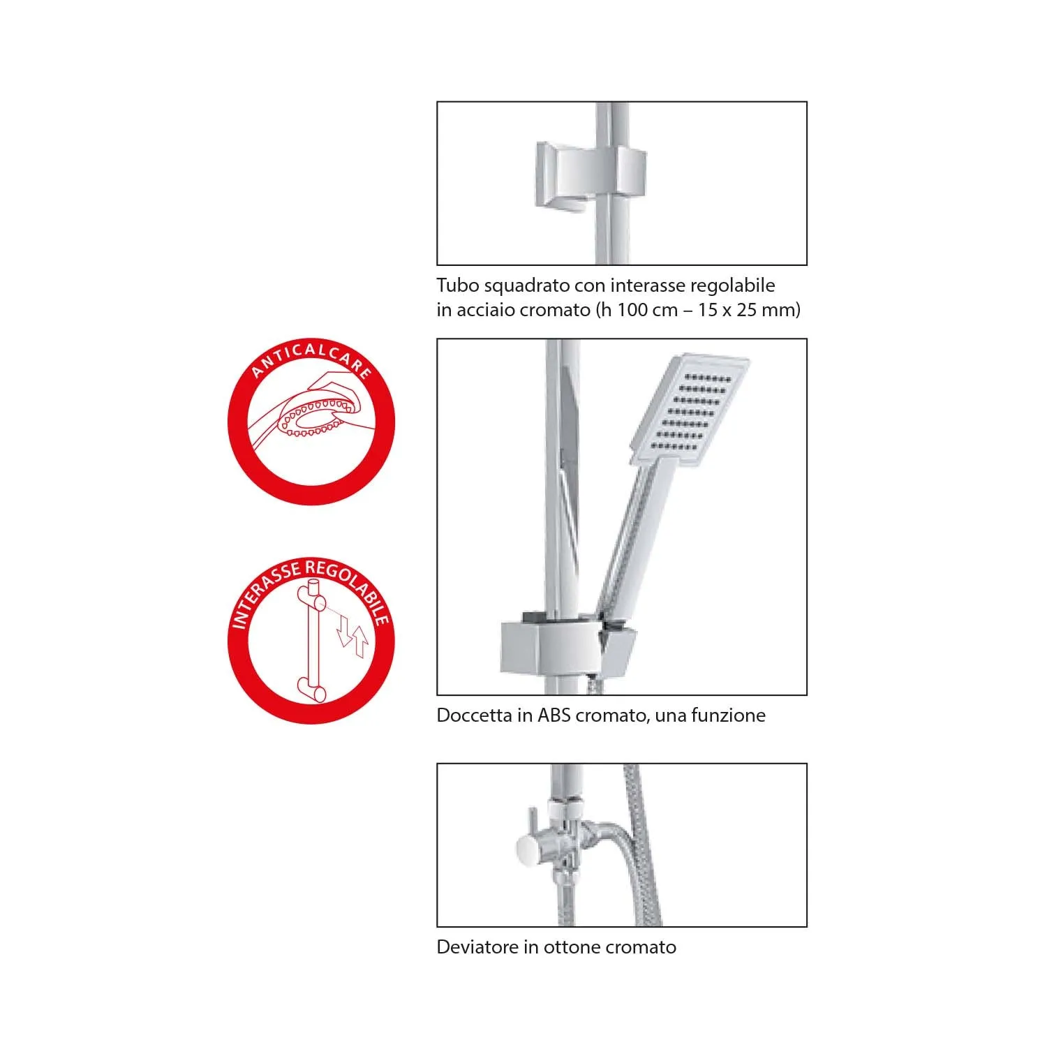 colonna doccia quadrata completa in acciaio inox cromato