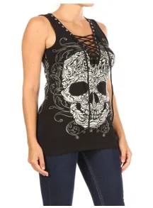 Daniel Smart BLACK Baroque Skull Graphic Tank Top