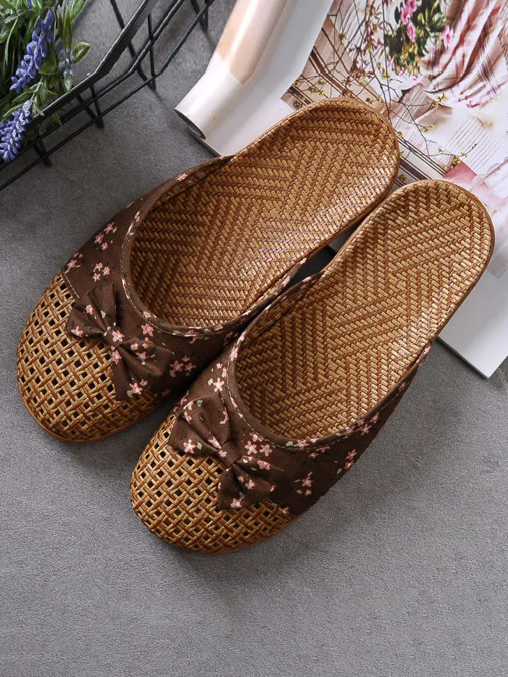 Floral Bowknot Splicing Linen Slippers