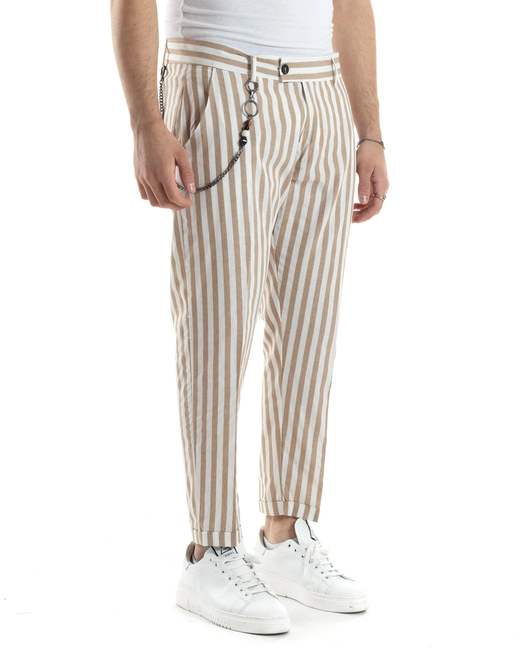 Pantaloni Uomo Lino Tasca America Classico Abbottonatura Allungata Casual Sartoriale Rigato Gessato Beige GIOSAL-P6081A