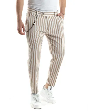 Pantaloni Uomo Lino Tasca America Classico Abbottonatura Allungata Casual Sartoriale Rigato Gessato Beige GIOSAL-P6081A