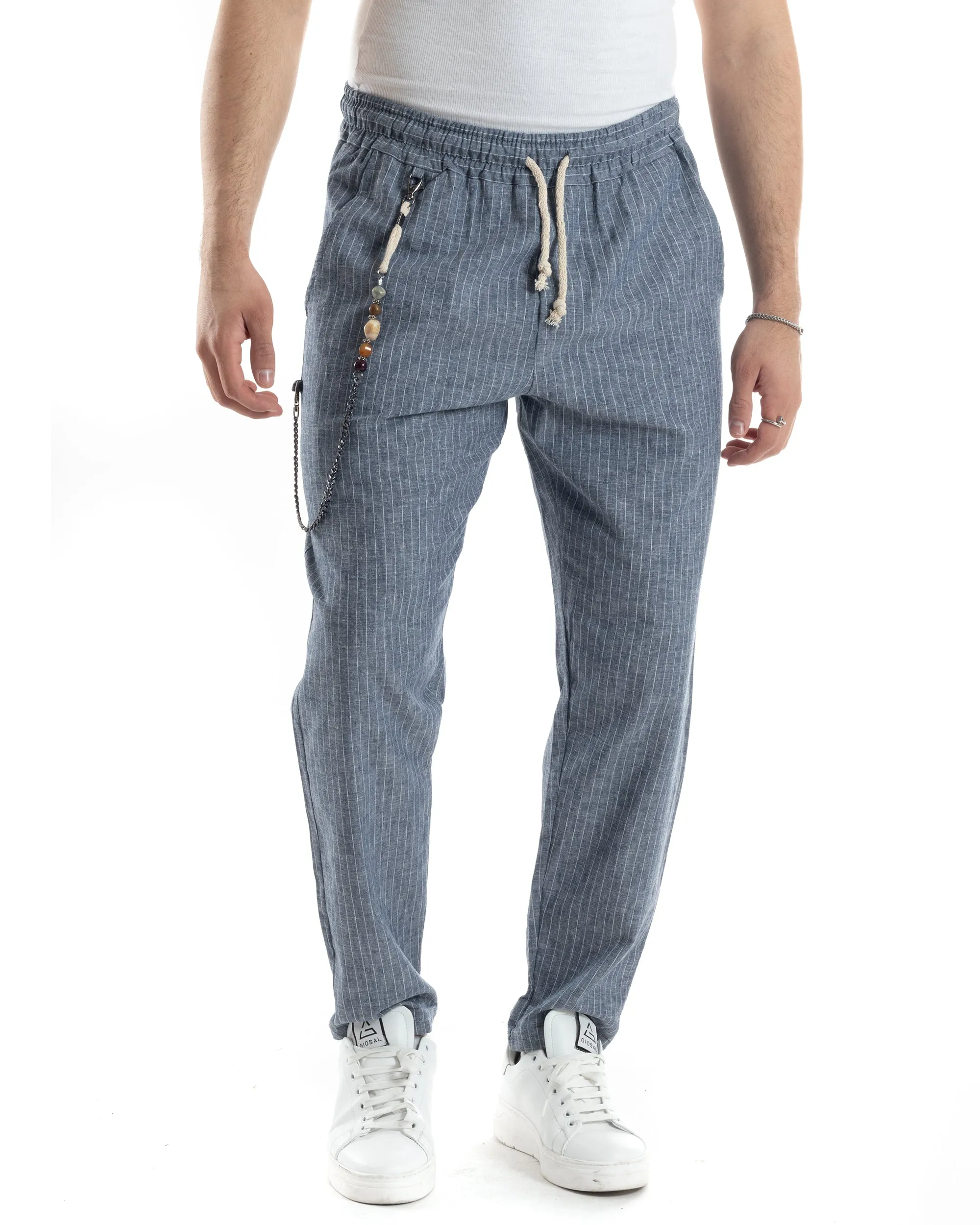 Pantaloni Uomo Pantalaccio Lino Jogger Elastico Sartoriale Casual Rigato Riga Sottile Blu GIOSAL-P6076A