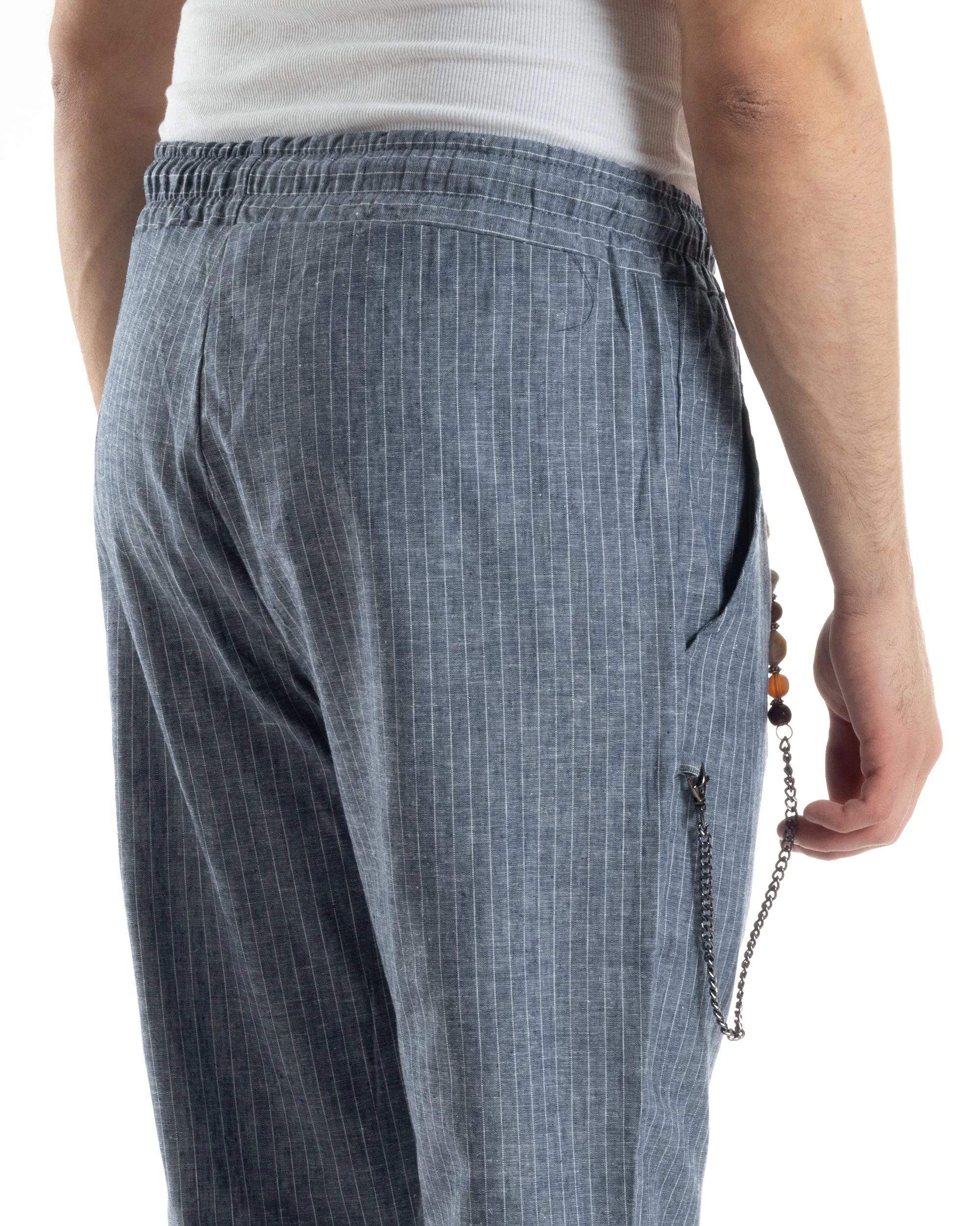 Pantaloni Uomo Pantalaccio Lino Jogger Elastico Sartoriale Casual Rigato Riga Sottile Blu GIOSAL-P6076A