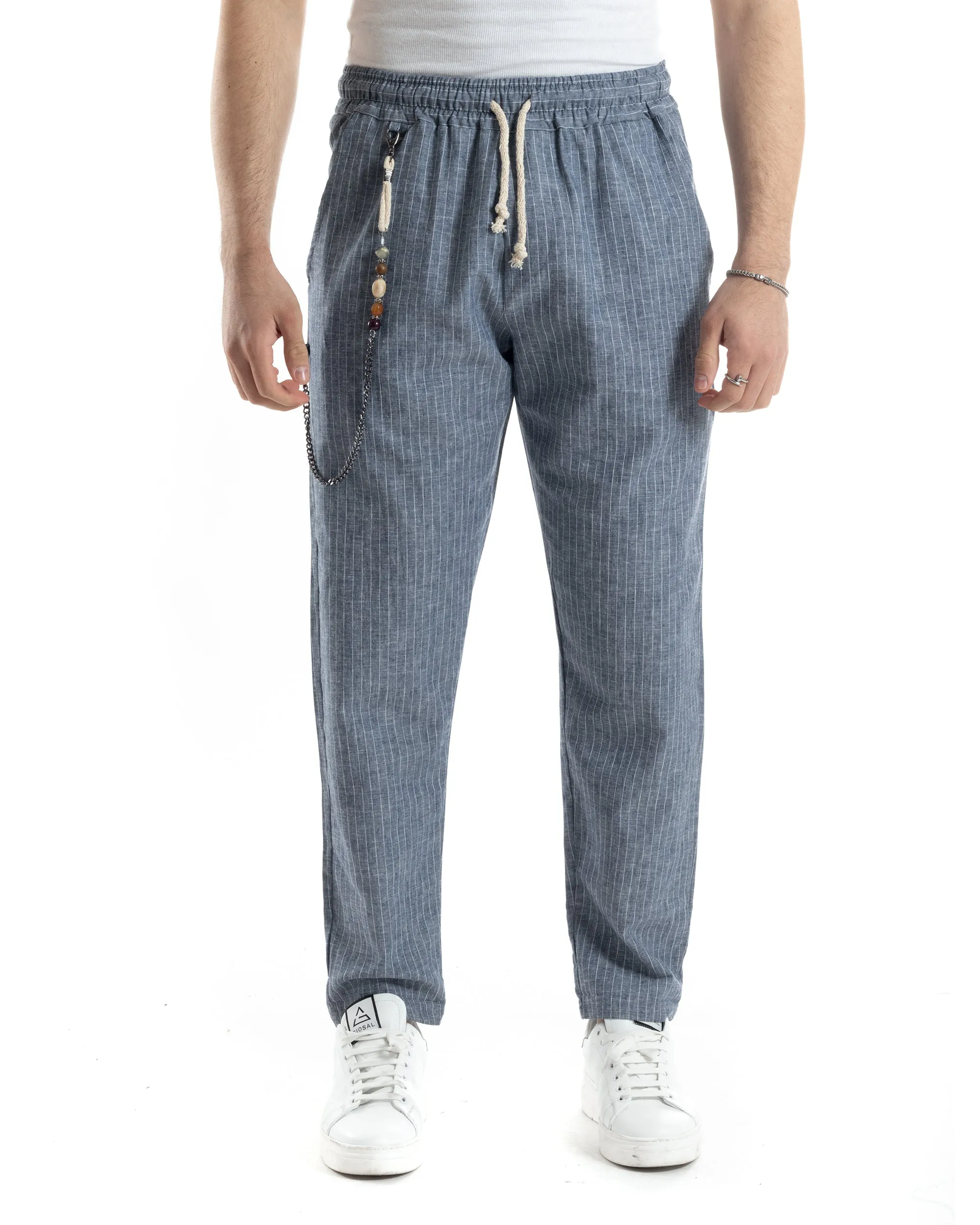 Pantaloni Uomo Pantalaccio Lino Jogger Elastico Sartoriale Casual Rigato Riga Sottile Blu GIOSAL-P6076A