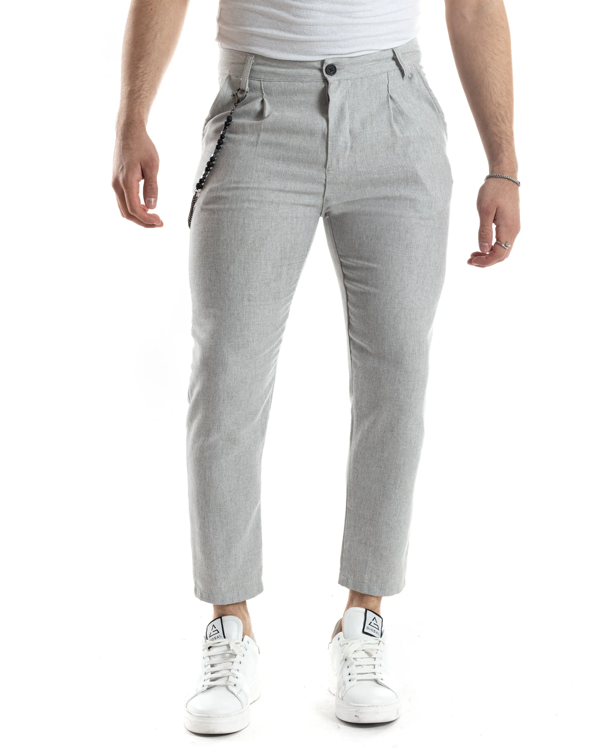 Pantaloni Uomo Tasca America Capri Casual Classico Grigio Melangiato Spigato GIOSAL-P6078A