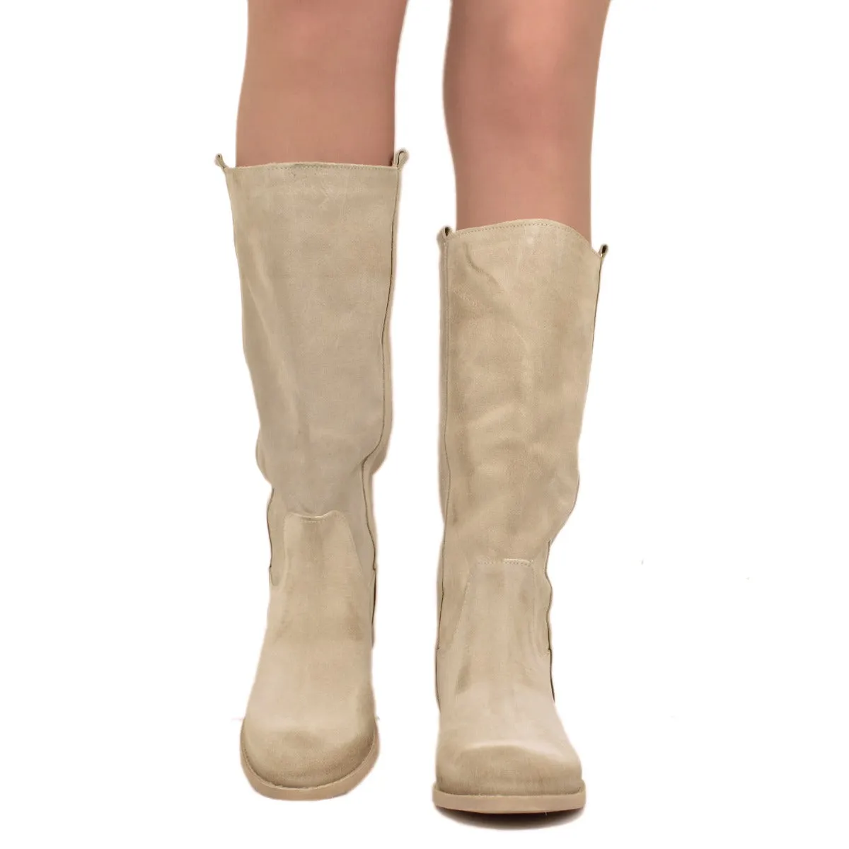 Stivali Camperos Donna Beige in Pelle Vintage Scamosciata